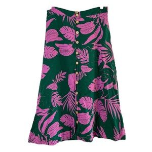 Maison D’ Amelie Linen Blend Button-Down Skirt Palm Leaves Size S